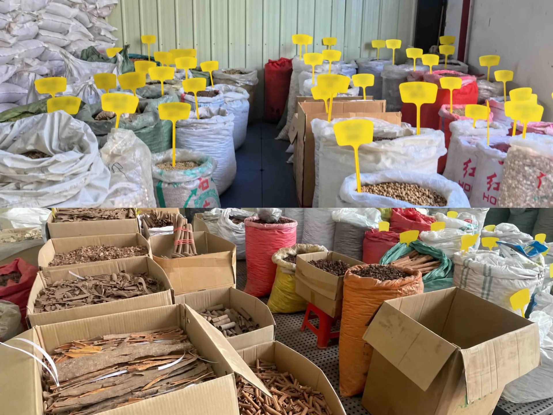 Cajas de cartón abiertas con trozos de corteza de casia, bastones cortados y rollos, clasificados por forma