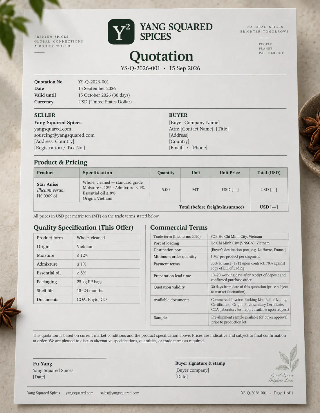 Illustration: a quotation sheet with product and commercial details