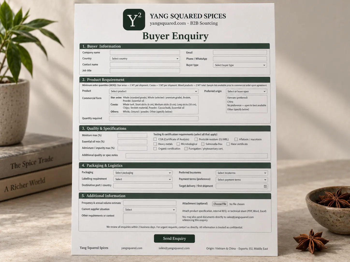 Illustration: a buyer enquiry sheet beside whole star anise