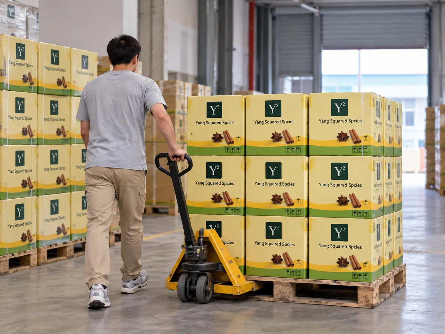 Worker moving a pallet of Yang Squared Spices cartons with a pallet jack