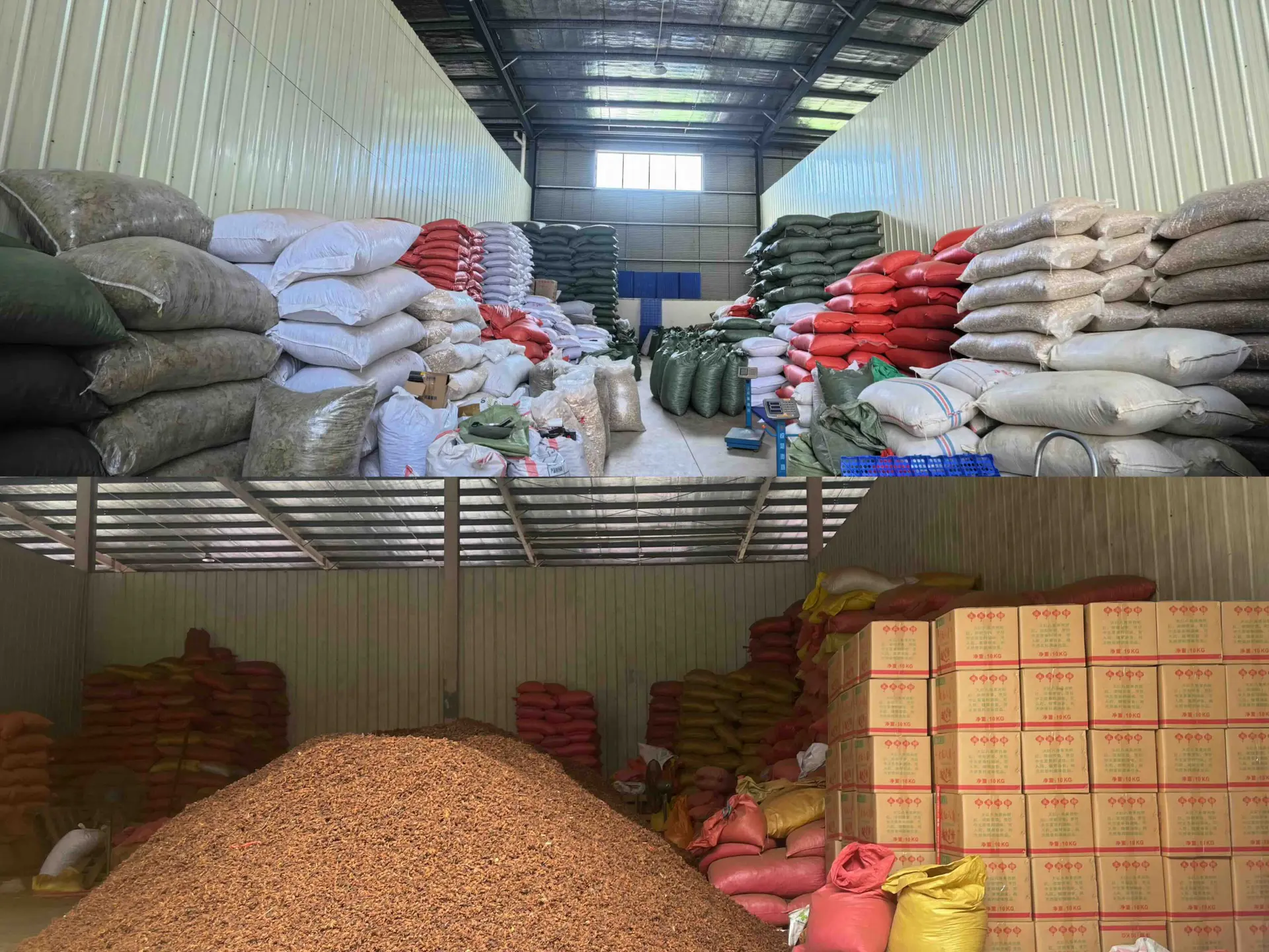Largo pasillo de almacén bordeado de sacos de especias blancos, rojos y verdes apilados, con una báscula de suelo y palés azules en primer plano