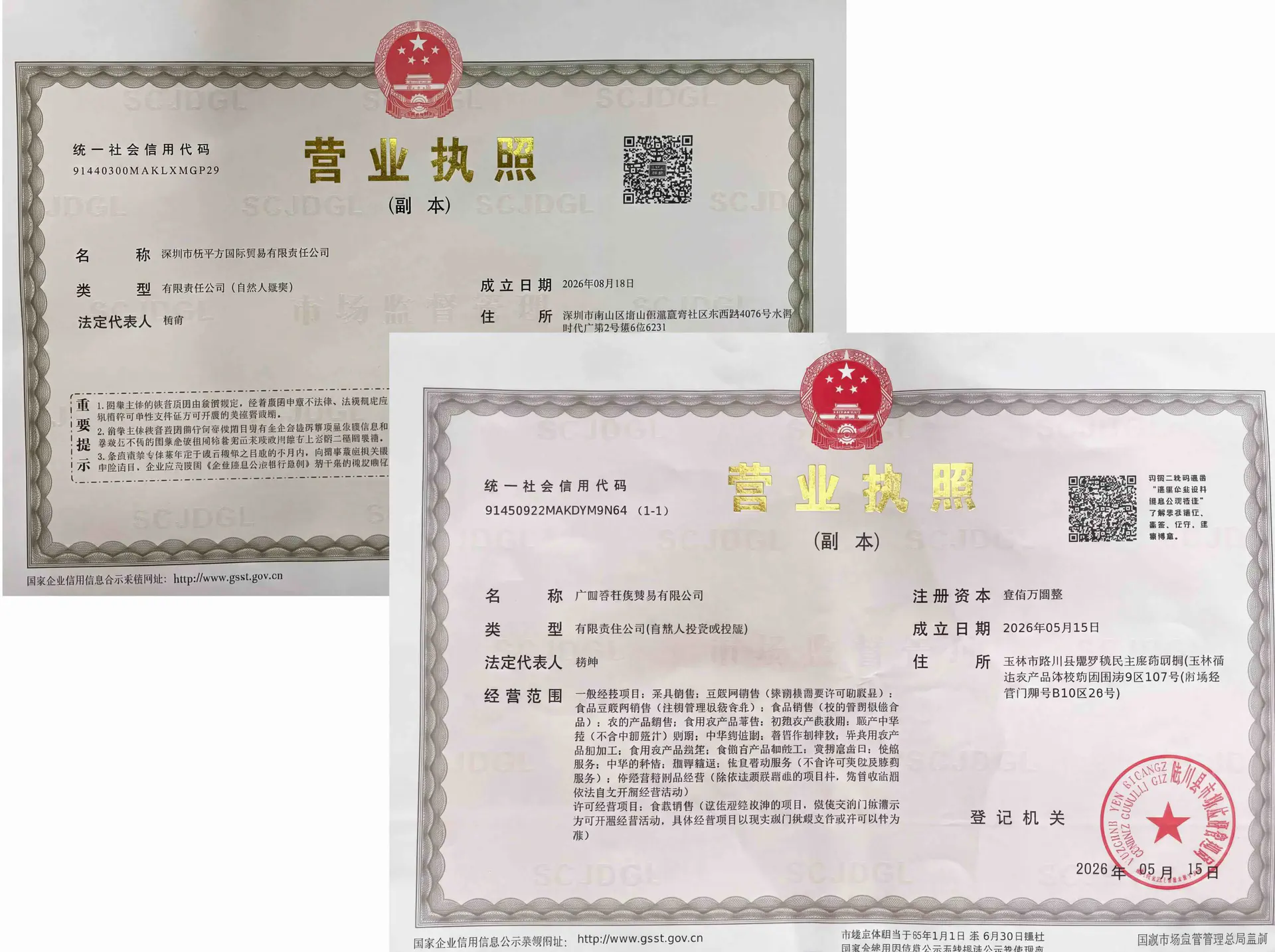 Combined business licences of Shenzhen Yang Squared and Guangxi Xiangbaiji