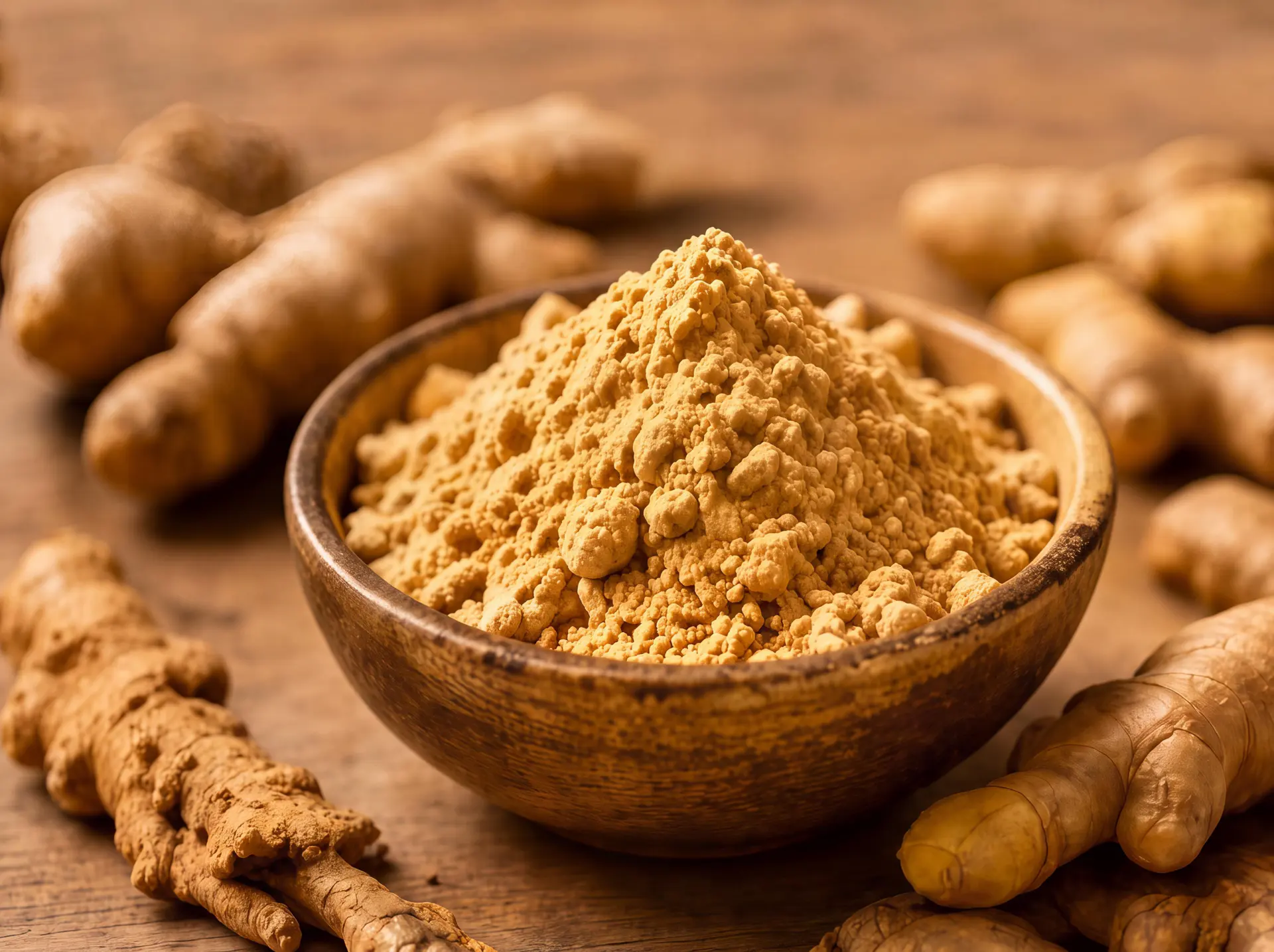 Chinese dried ginger powder in a wooden bowl